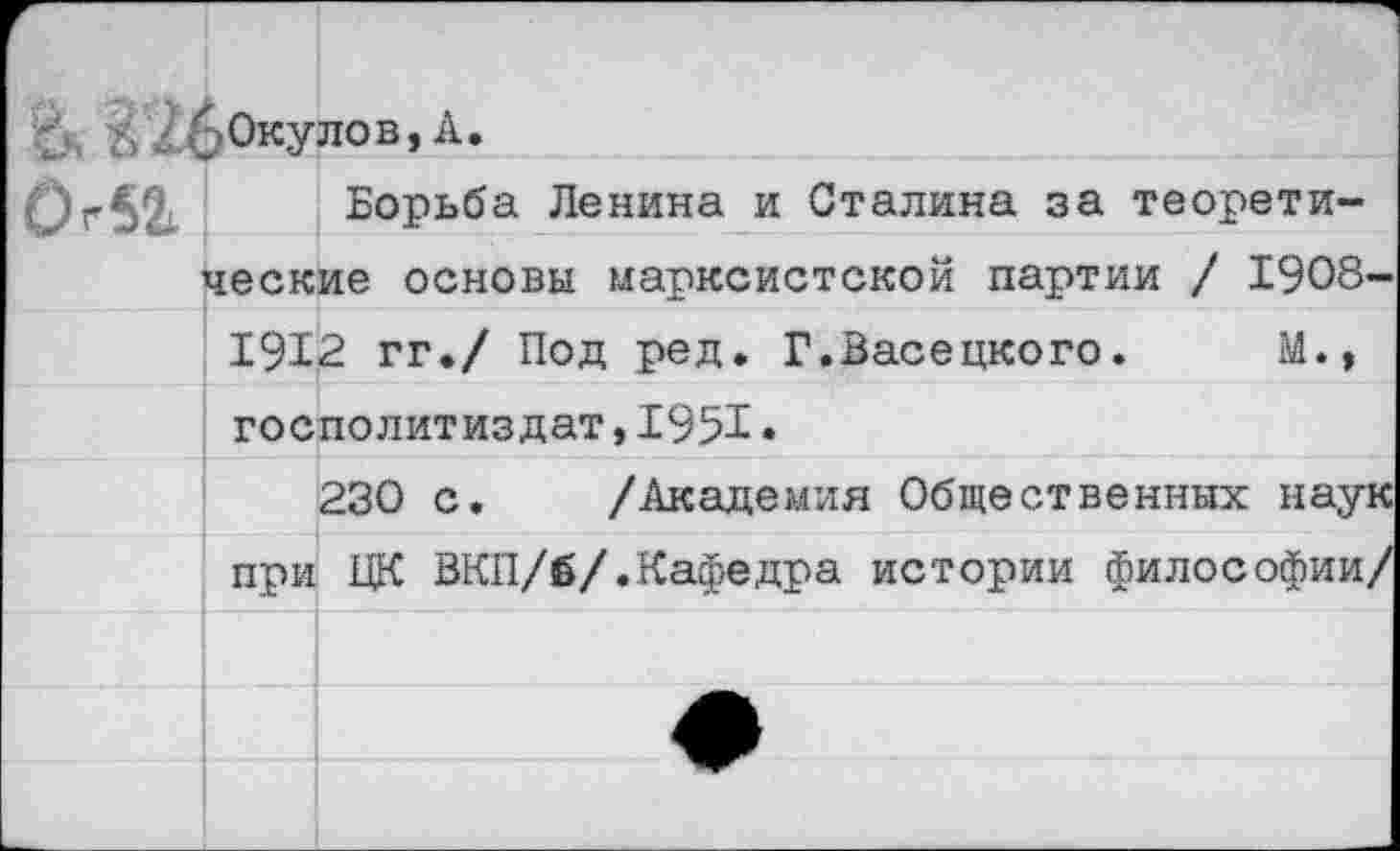 ﻿б26ОкУлов>А-
Ог51 Борьба Ленина и Сталина за теоретические основы марксистской партии / 1908' 1912 гг./ Под ред. Г.Васецкого. М.» госполитиздат,1951•
230 с. /Академия Общественных
при ЦК ВКП/б/.Кафедра истории